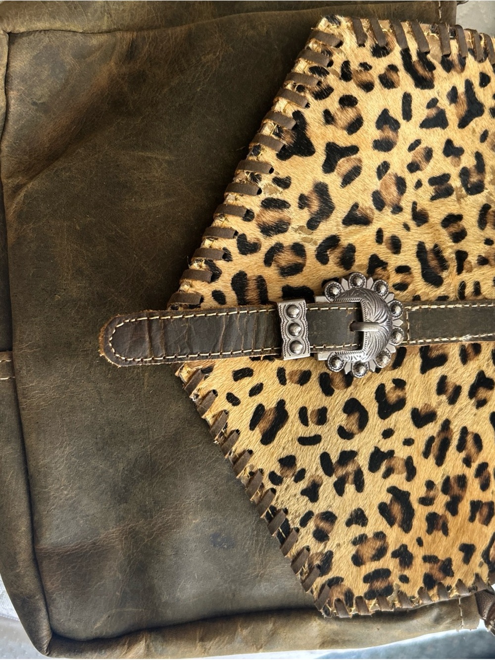 Myra Leopard Haircalf Crossbody Bag with Western Buckle